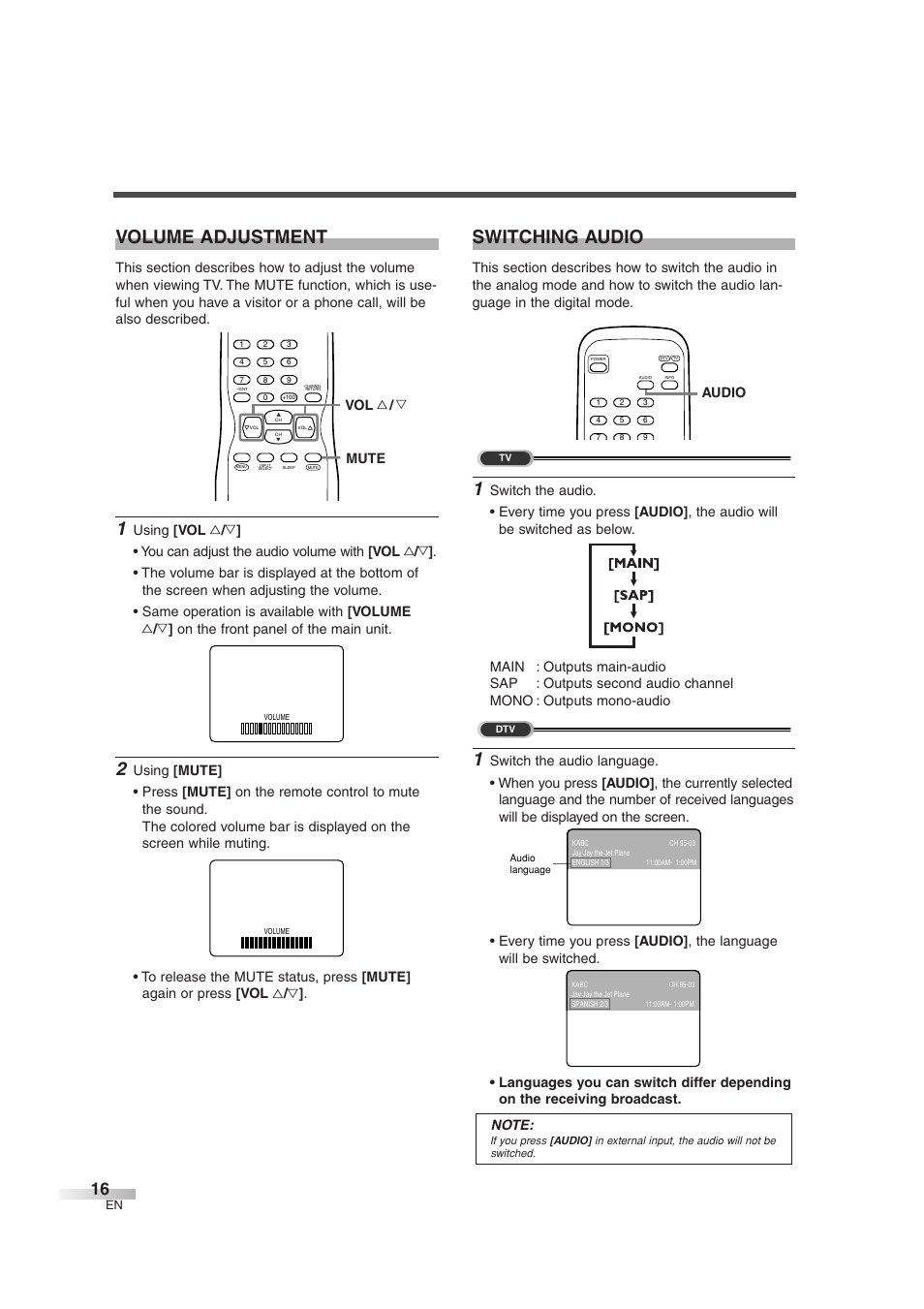 Volume adjustment, Switching audio, Mute vol x / y | Audio | Sylvania SSGF4276 User Manual | Page 16 / 76
