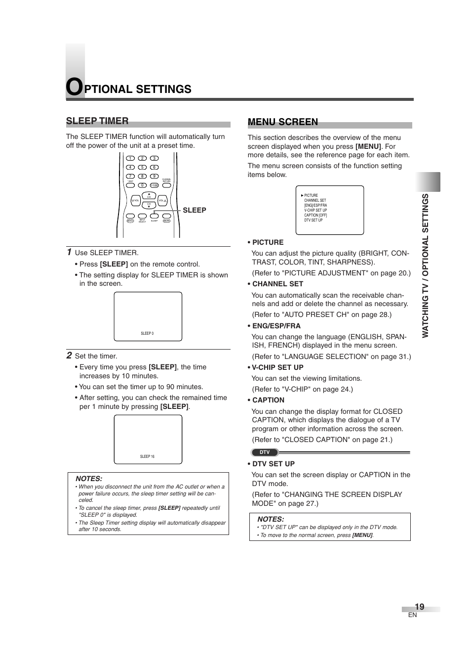 Ptional settings, Menu screen, Sleep timer | Wa tching tv / optional settings | Sylvania SSGF4276 User Manual | Page 19 / 76