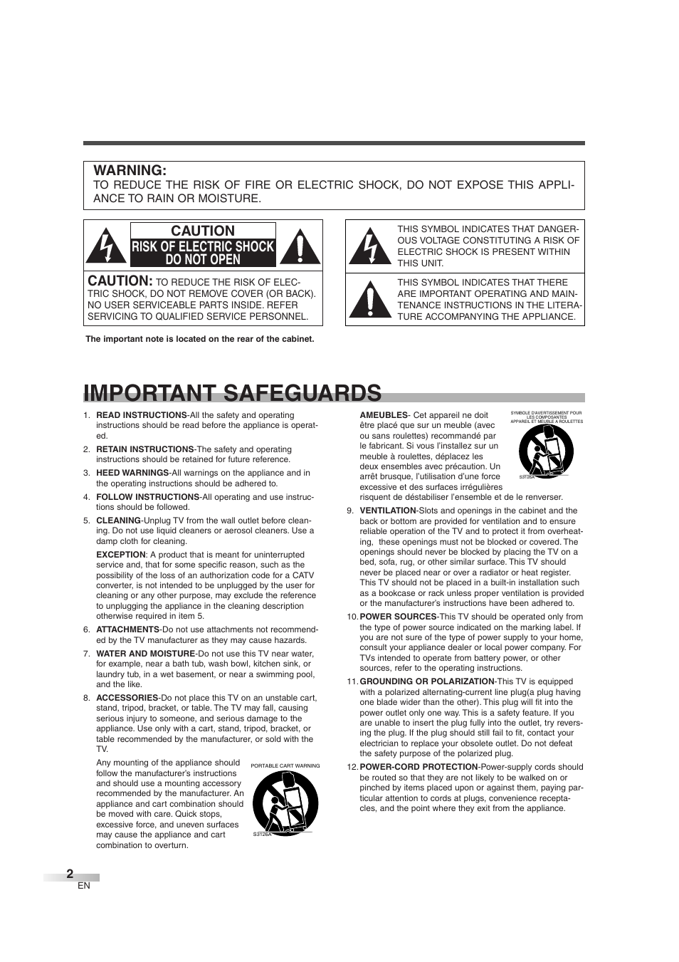 Important safeguards, Caution, Caution risk of electric shock do not open | Warning | Sylvania SSGF4276 User Manual | Page 2 / 76