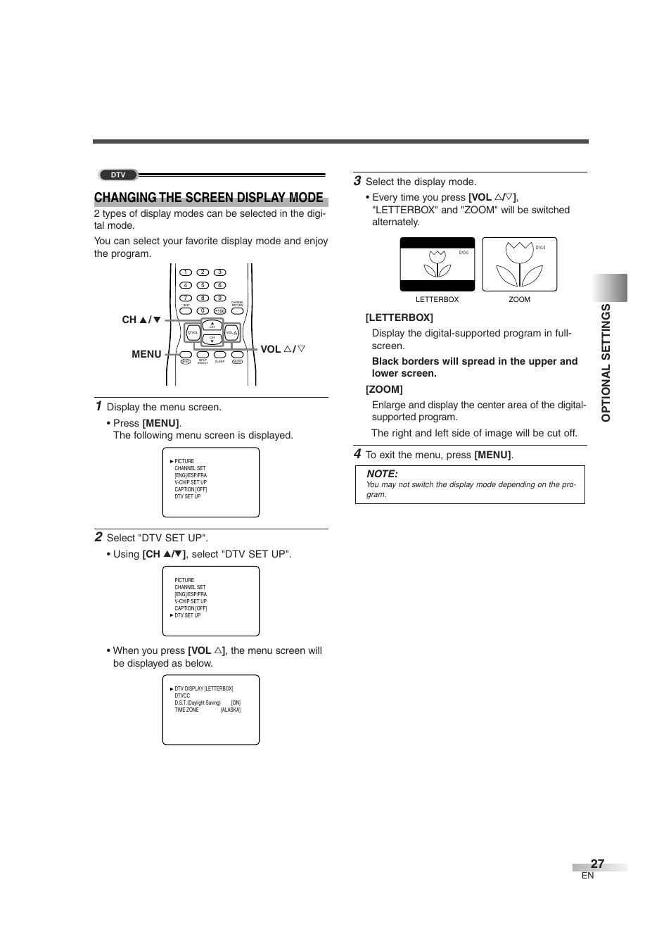 Changing the screen display mode, Optional settings | Sylvania SSGF4276 User Manual | Page 27 / 76