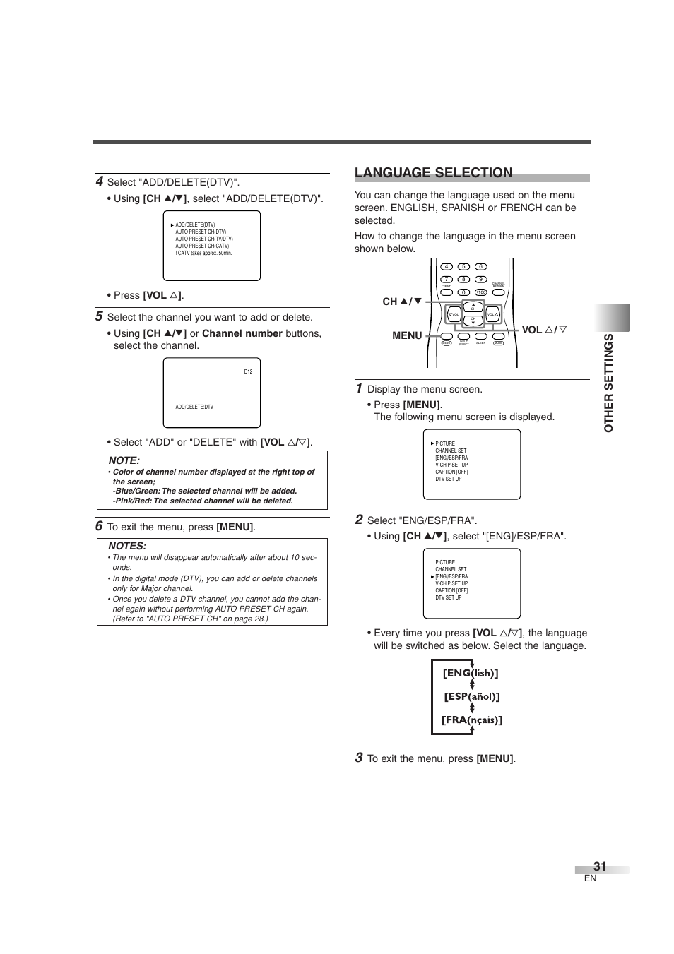 Language selection, Other settings | Sylvania SSGF4276 User Manual | Page 31 / 76