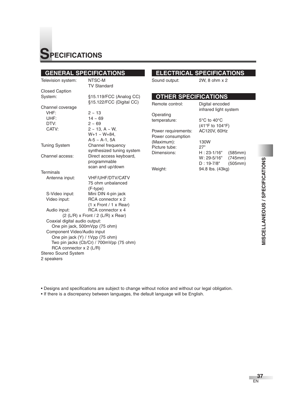 Pecifications, General specifications, Electrical specifications | Other specifications | Sylvania SSGF4276 User Manual | Page 37 / 76