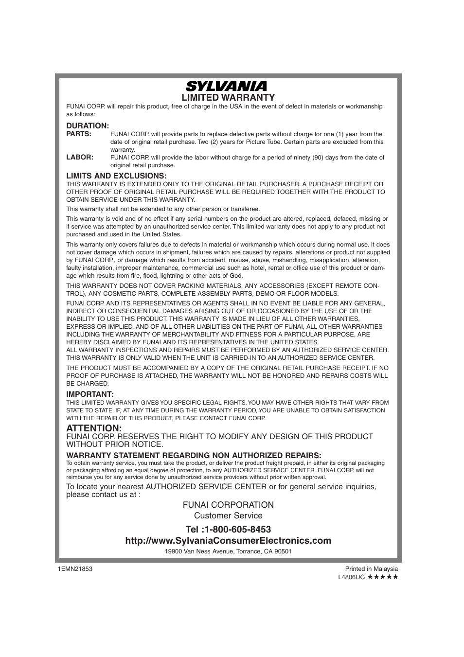 Limited warranty, Attention | Sylvania SSGF4276 User Manual | Page 38 / 76