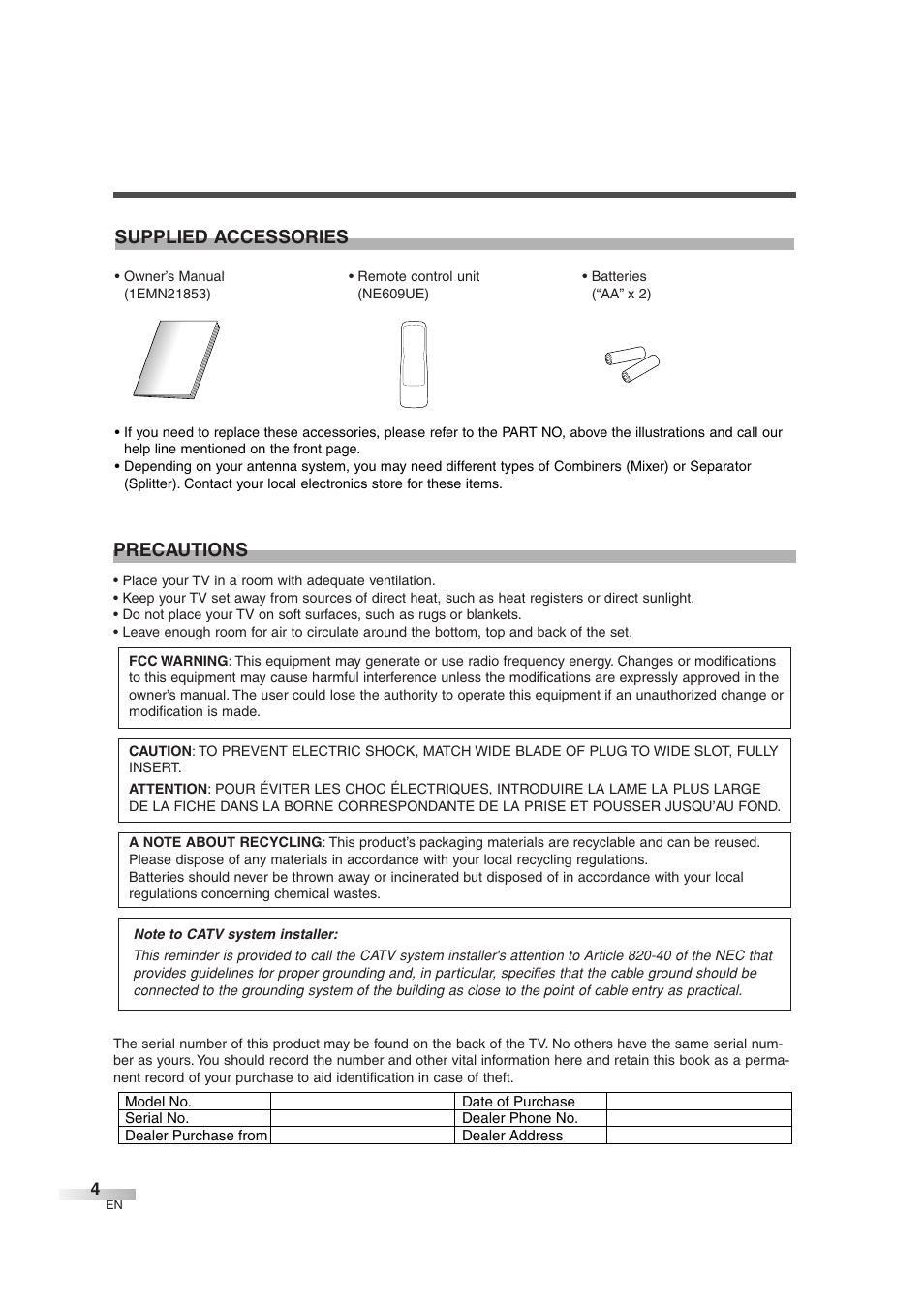 Precautions, Supplied accessories | Sylvania SSGF4276 User Manual | Page 4 / 76