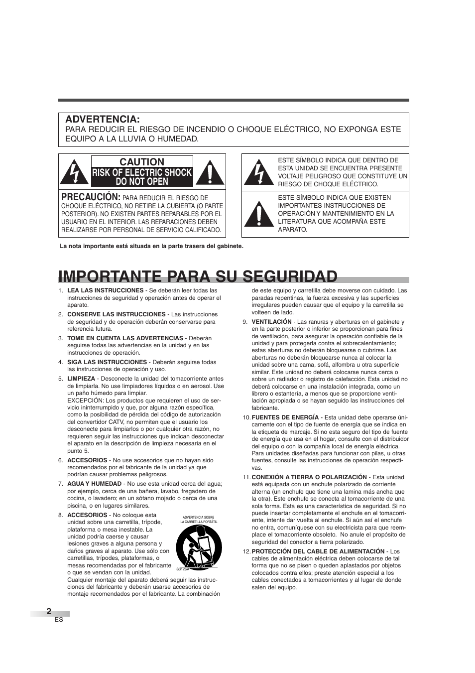 Importante para su seguridad, Precaución, Caution risk of electric shock do not open | Advertencia | Sylvania SSGF4276 User Manual | Page 40 / 76