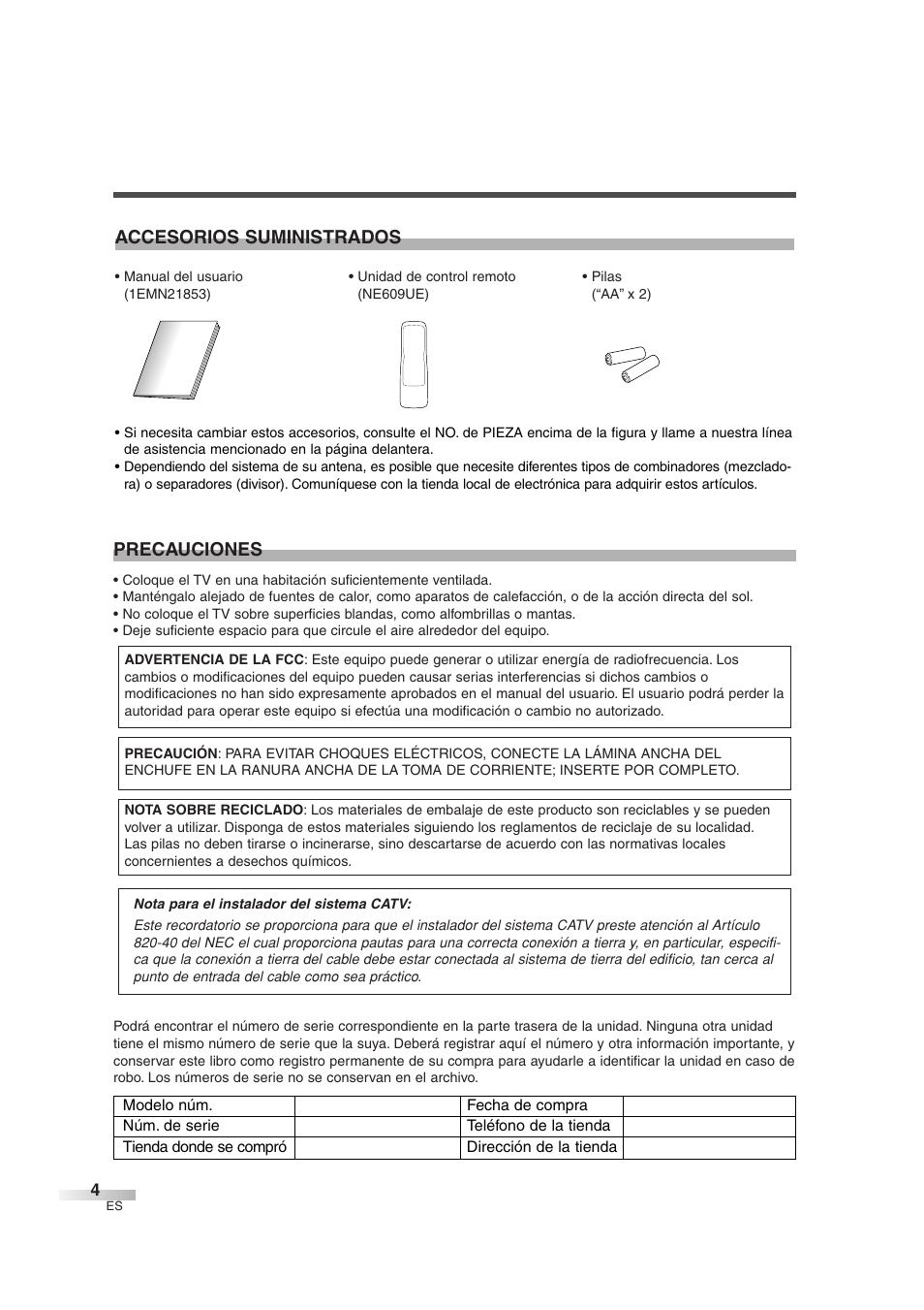 Precauciones, Accesorios suministrados | Sylvania SSGF4276 User Manual | Page 42 / 76