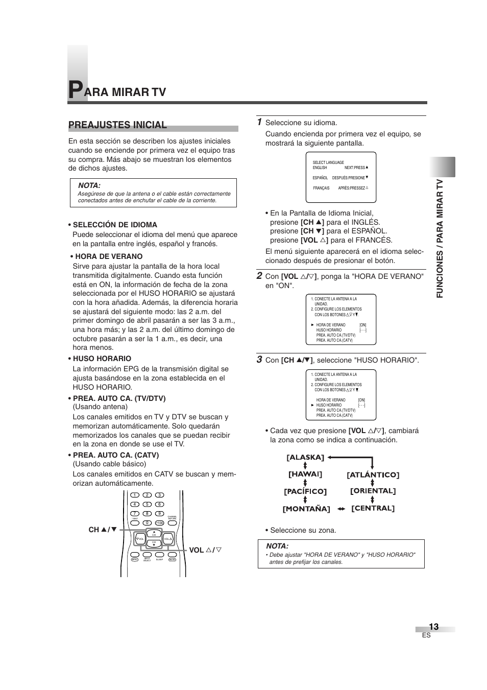 Ara mirar tv, Preajustes inicial, Funciones / p ara mirar tv | Sylvania SSGF4276 User Manual | Page 51 / 76