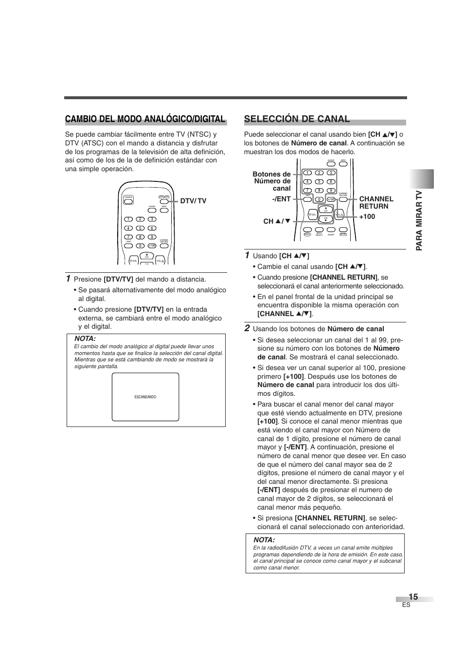 Cambio del modo analógico/digital, Selección de canal, Para mirar tv | Dtv/ tv | Sylvania SSGF4276 User Manual | Page 53 / 76