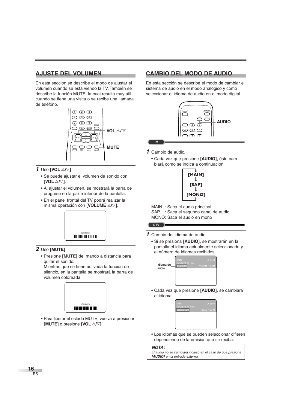 Ajuste del volumen, Cambio del modo de audio, Mute vol x / y | Audio | Sylvania SSGF4276 User Manual | Page 54 / 76