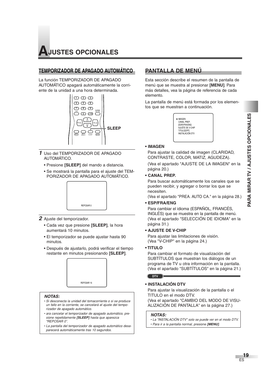 Justes opcionales, Temporizador de apagado automático, Pantalla de menú | Para mirar tv / ajustes opcionales | Sylvania SSGF4276 User Manual | Page 57 / 76
