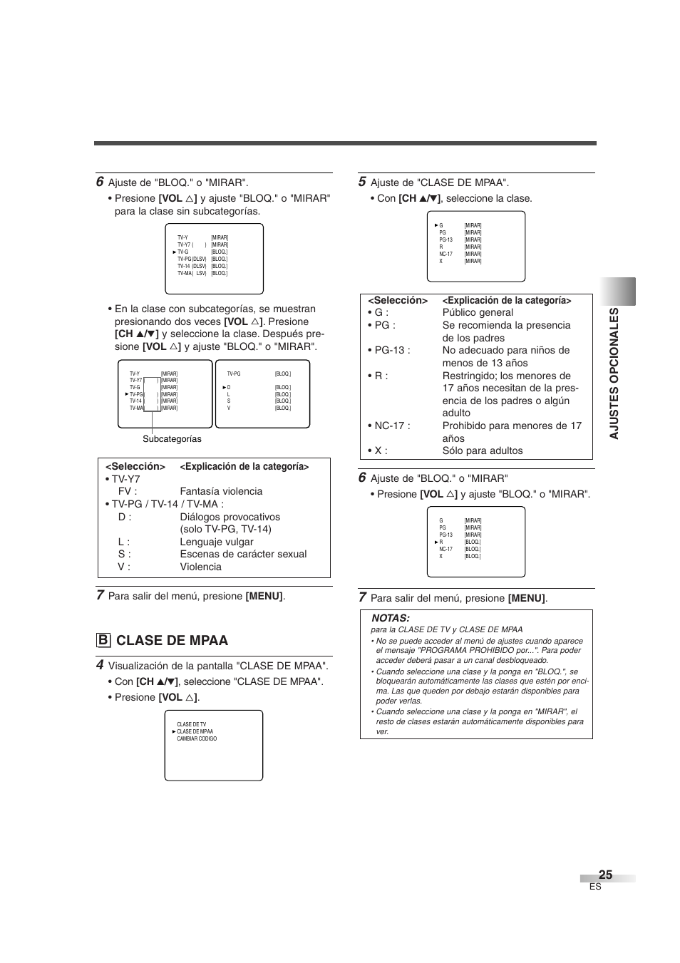 B clase de mpaa, Ajustes opcionales | Sylvania SSGF4276 User Manual | Page 63 / 76