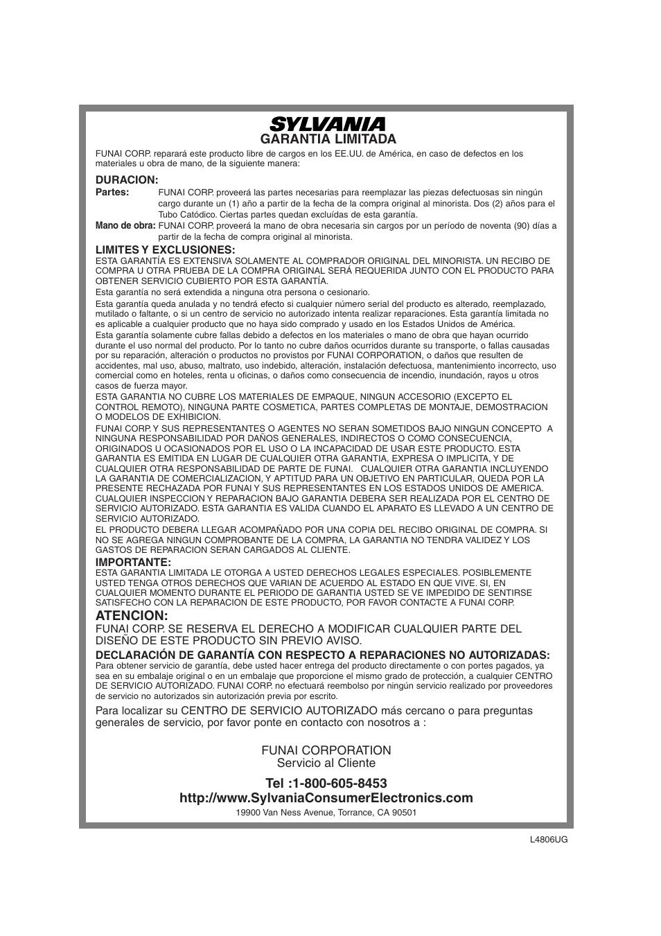 Garantia limitada, Atencion | Sylvania SSGF4276 User Manual | Page 76 / 76