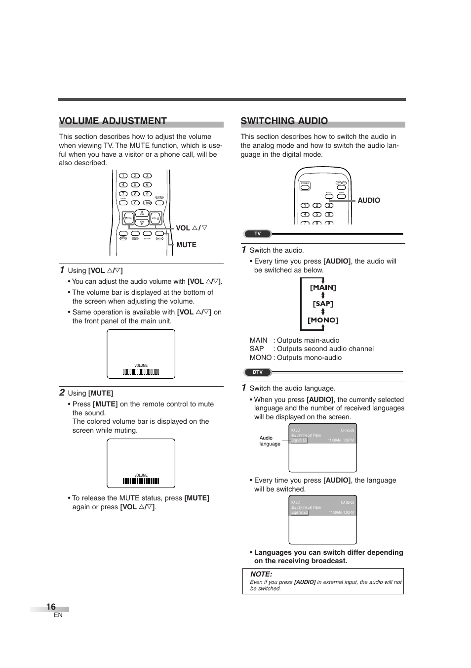 Volume adjustment, Switching audio, Mute vol x / y | Audio | Sylvania 6427GFG User Manual | Page 16 / 76