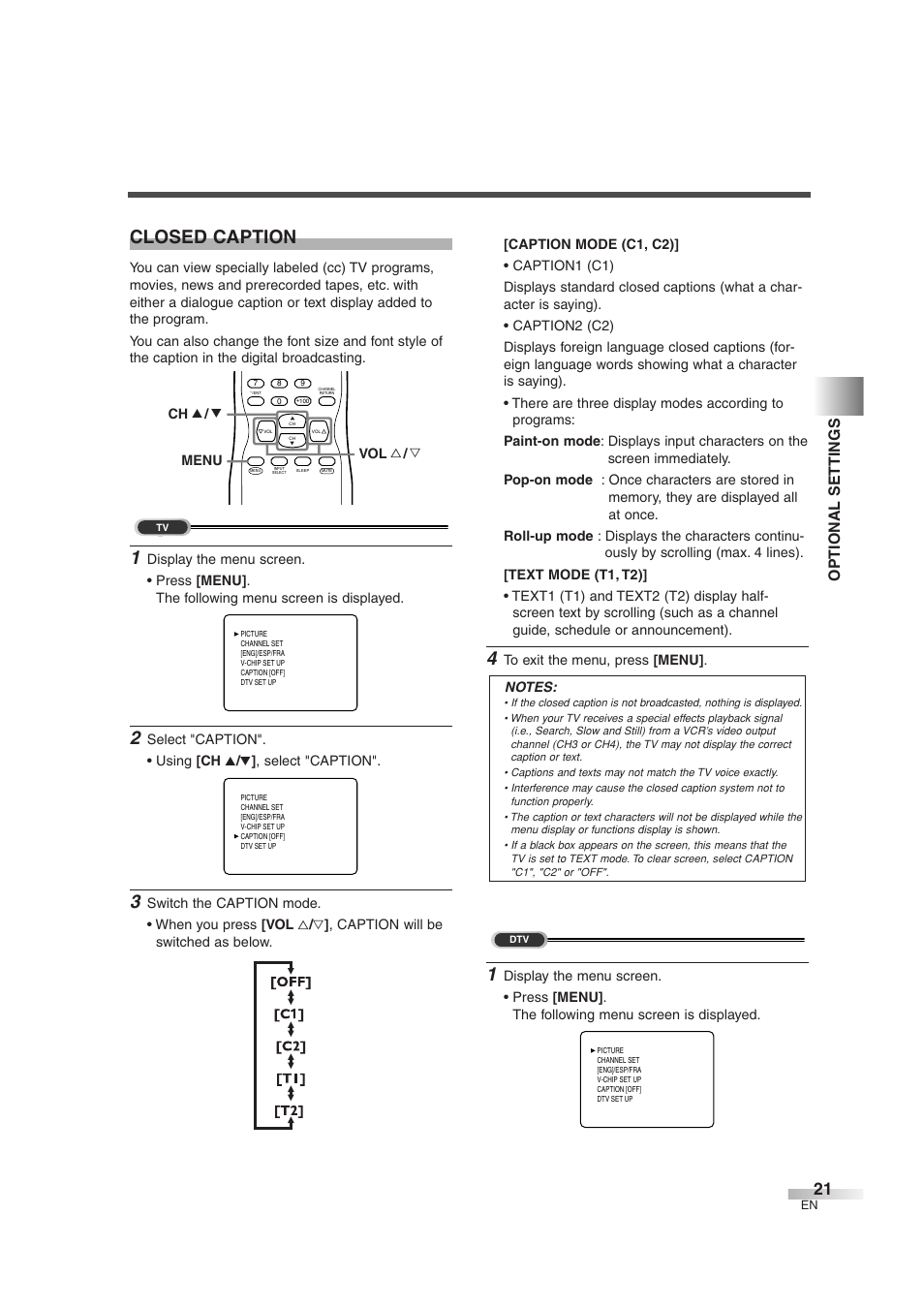 Closed caption, Optional settings | Sylvania 6427GFG User Manual | Page 21 / 76