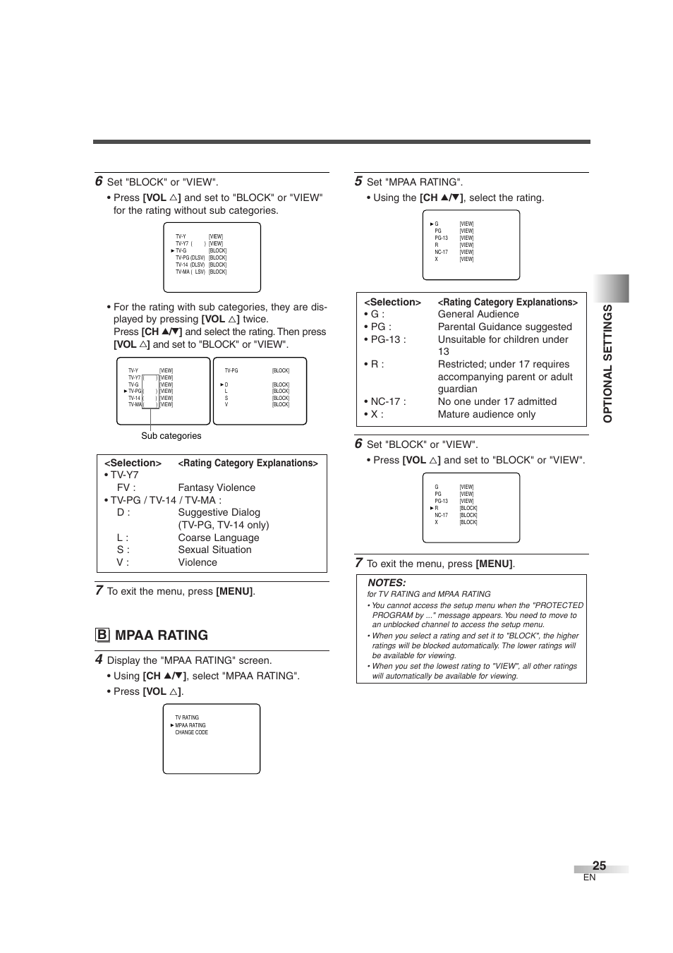 B mpaa rating, Optional settings | Sylvania 6427GFG User Manual | Page 25 / 76