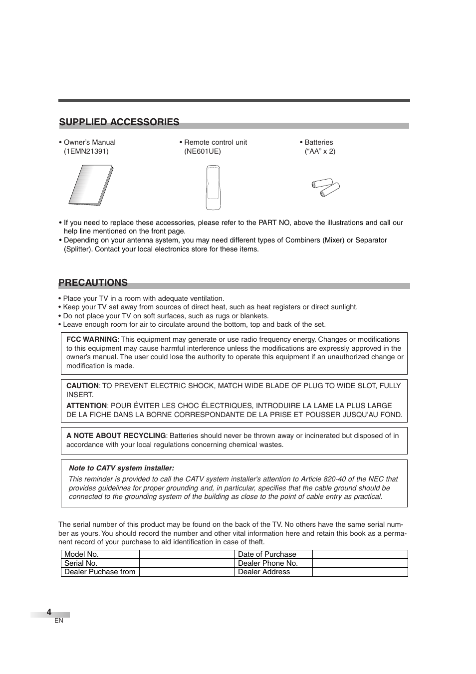 Precautions, Supplied accessories | Sylvania 6427GFG User Manual | Page 4 / 76