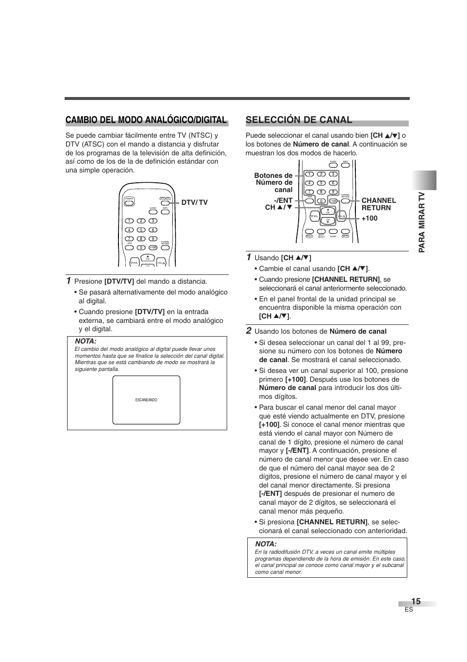 Cambio del modo analógico/digital, Selección de canal, Para mirar tv | Dtv/ tv | Sylvania 6427GFG User Manual | Page 53 / 76