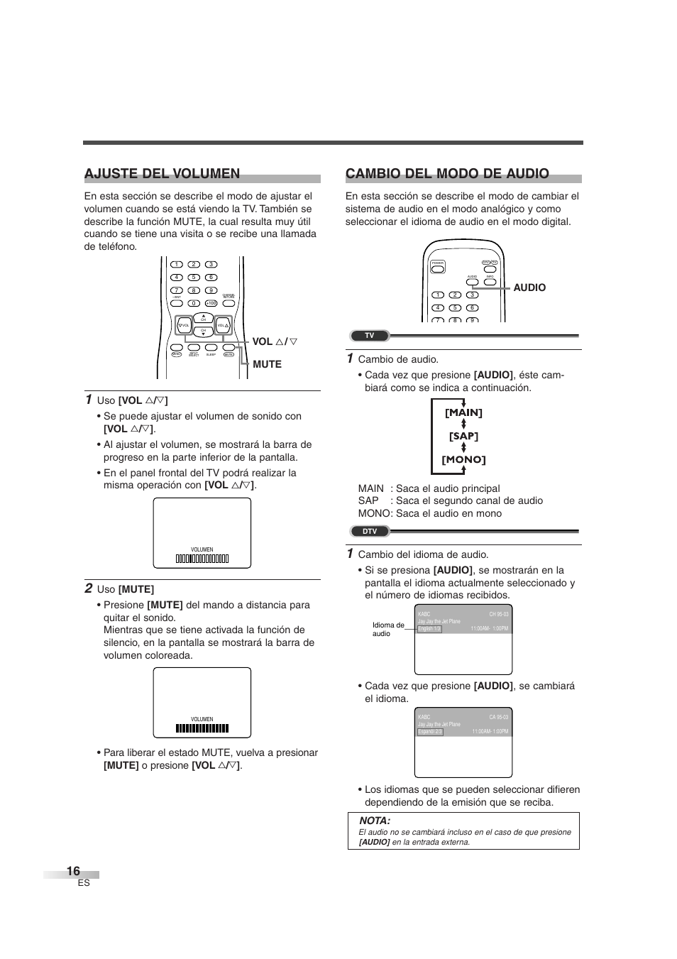 Ajuste del volumen, Cambio del modo de audio, Mute vol x / y | Audio | Sylvania 6427GFG User Manual | Page 54 / 76