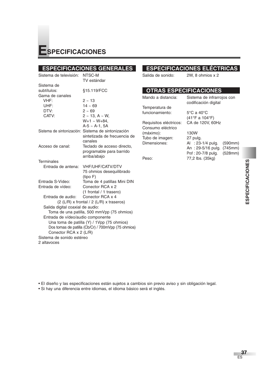 Specificaciones, Especificaciones generales, Especificaciones eléctricas | Otras especificaciones | Sylvania 6427GFG User Manual | Page 75 / 76