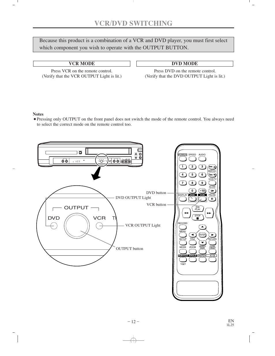 Vcr/dvd switching, Vcr mode, Dvd mode | Vcr dvd tim output | Sylvania CDVC800D User Manual | Page 12 / 36