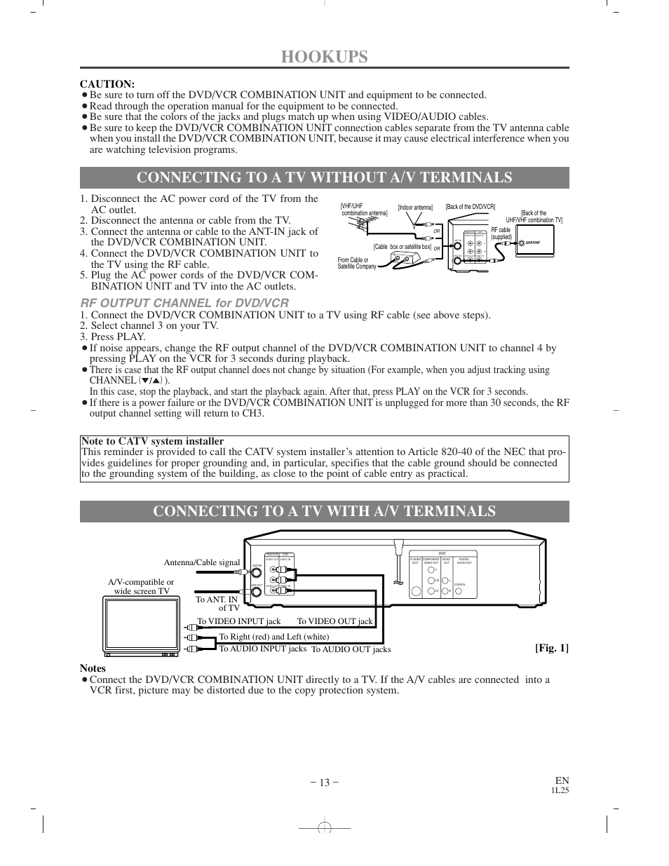 Hookups, Connecting to a tv with a/v terminals, Connecting to a tv without a/v terminals | Rf output channel for dvd/vcr, Caution | Sylvania CDVC800D User Manual | Page 13 / 36