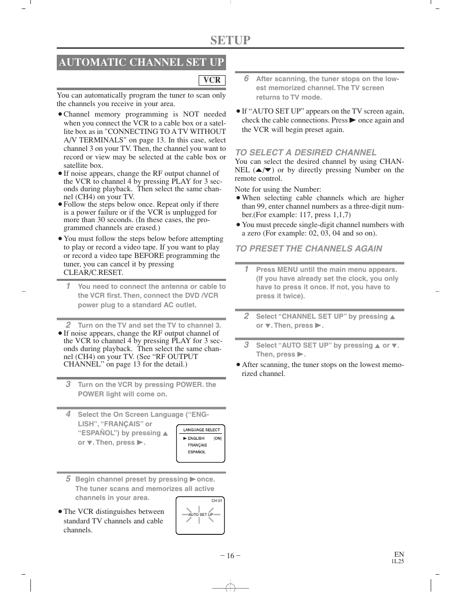 Setup, Automatic channel set up | Sylvania CDVC800D User Manual | Page 16 / 36