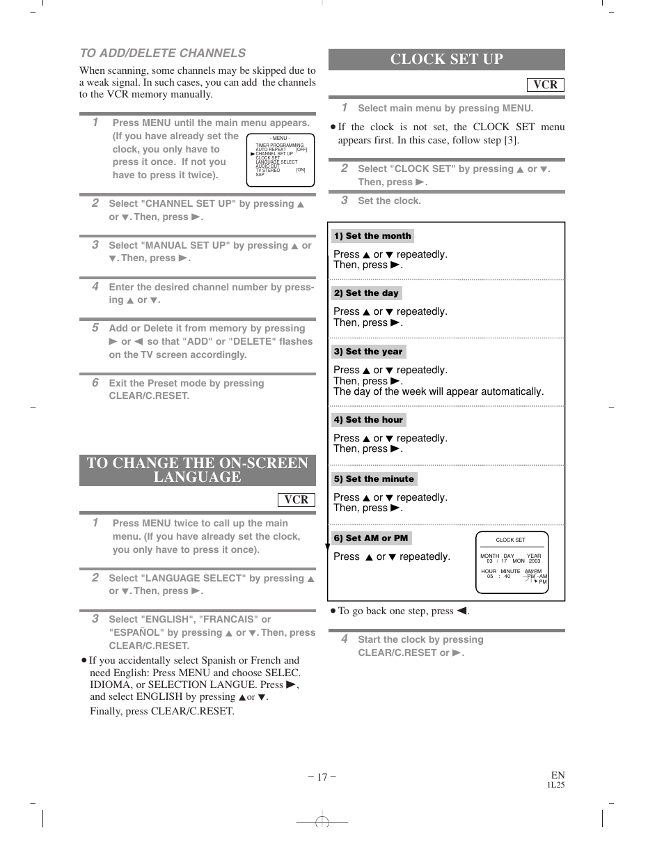 Clock set up, Vcr to add/delete channels | Sylvania CDVC800D User Manual | Page 17 / 36