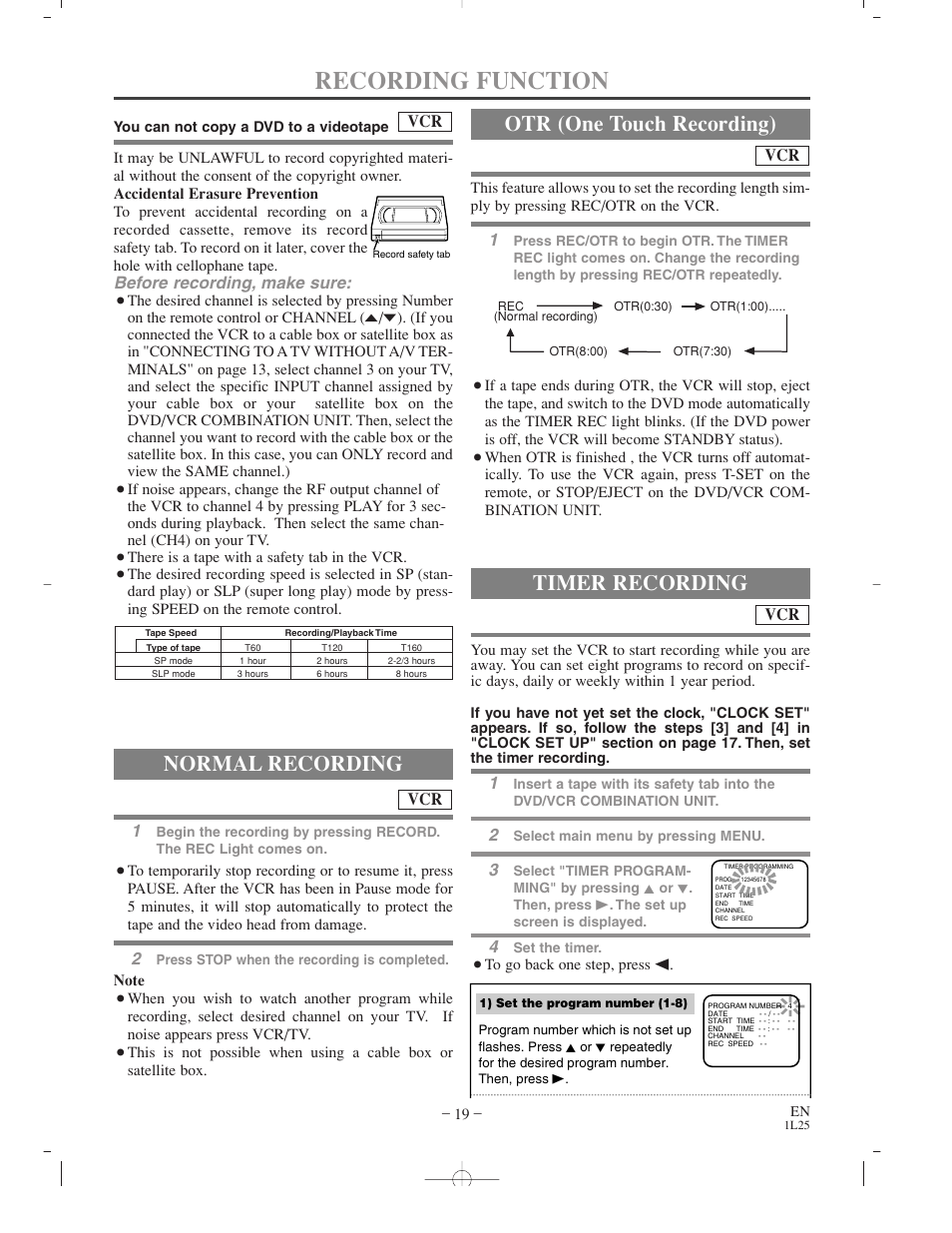 Recording function, Normal recording, Otr (one touch recording) | Timer recording | Sylvania CDVC800D User Manual | Page 19 / 36