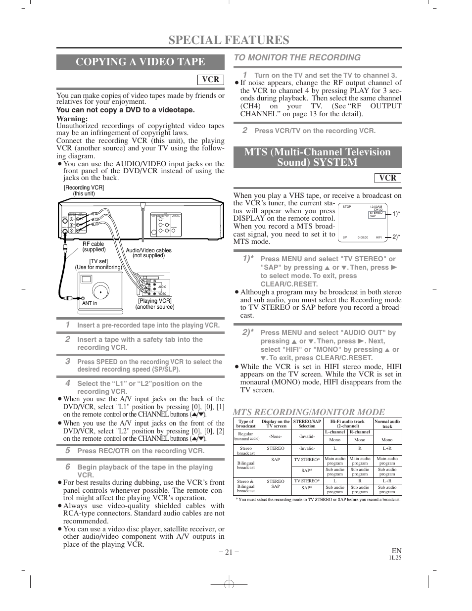 Special features, Copying a video tape, Mts (multi-channel television sound) system | Mts recording/monitor mode, You can not copy a dvd to a videotape, Insert a pre-recorded tape into the playing vcr, Press rec/otr on the recording vcr, Begin playback of the tape in the playing vcr, Turn on the tv and set the tv to channel 3, Press vcr/tv on the recording vcr | Sylvania CDVC800D User Manual | Page 21 / 36