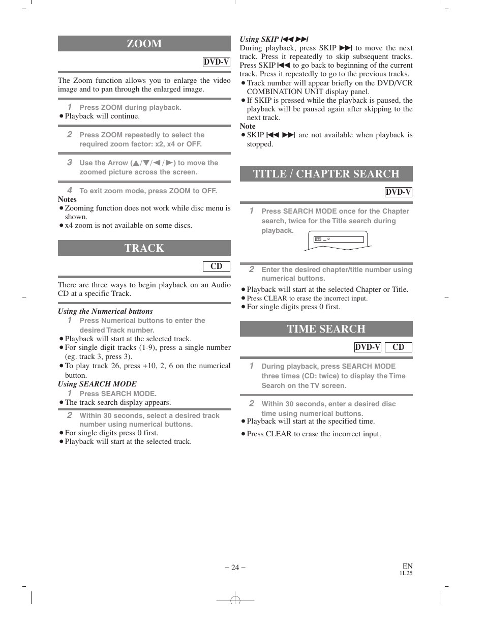 Track, Zoom, Title / chapter search | Time search | Sylvania CDVC800D User Manual | Page 24 / 36