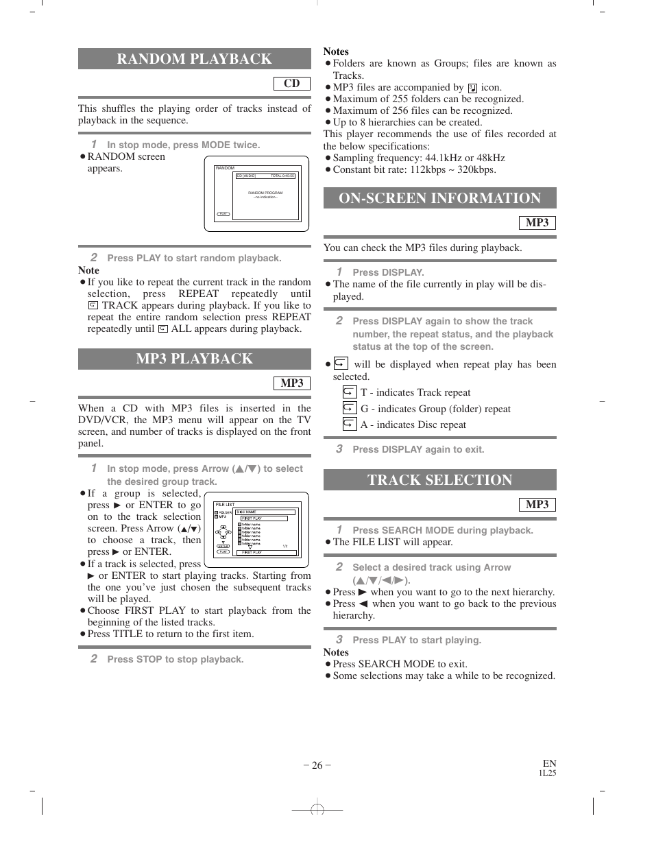 Random playback, Mp3 playback, On-screen information | Track selection | Sylvania CDVC800D User Manual | Page 26 / 36