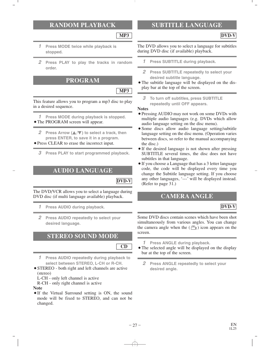 Random playback, Program audio language, Stereo sound mode | Subtitle language camera angle | Sylvania CDVC800D User Manual | Page 27 / 36