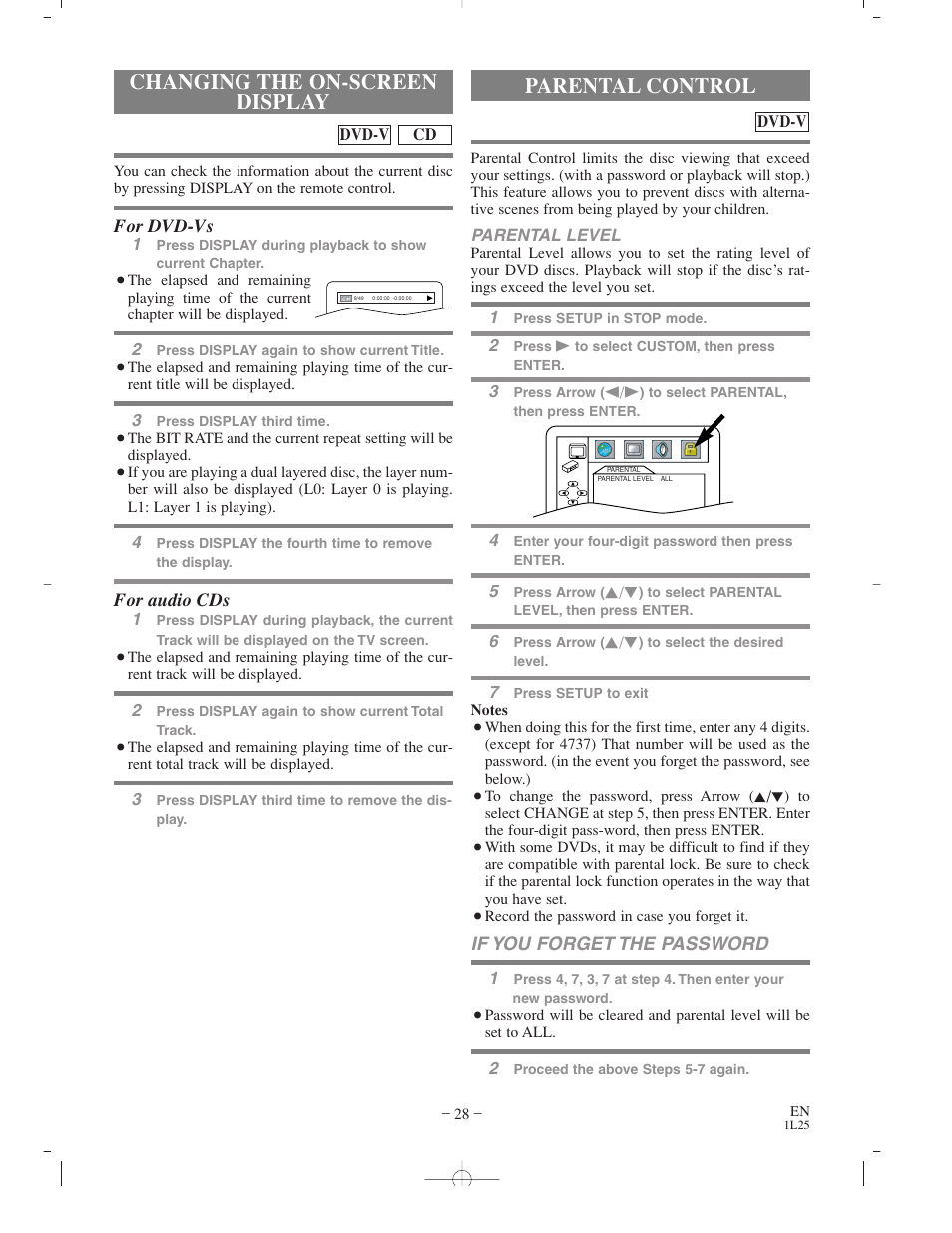 Changing the on-screen display, Parental control | Sylvania CDVC800D User Manual | Page 28 / 36