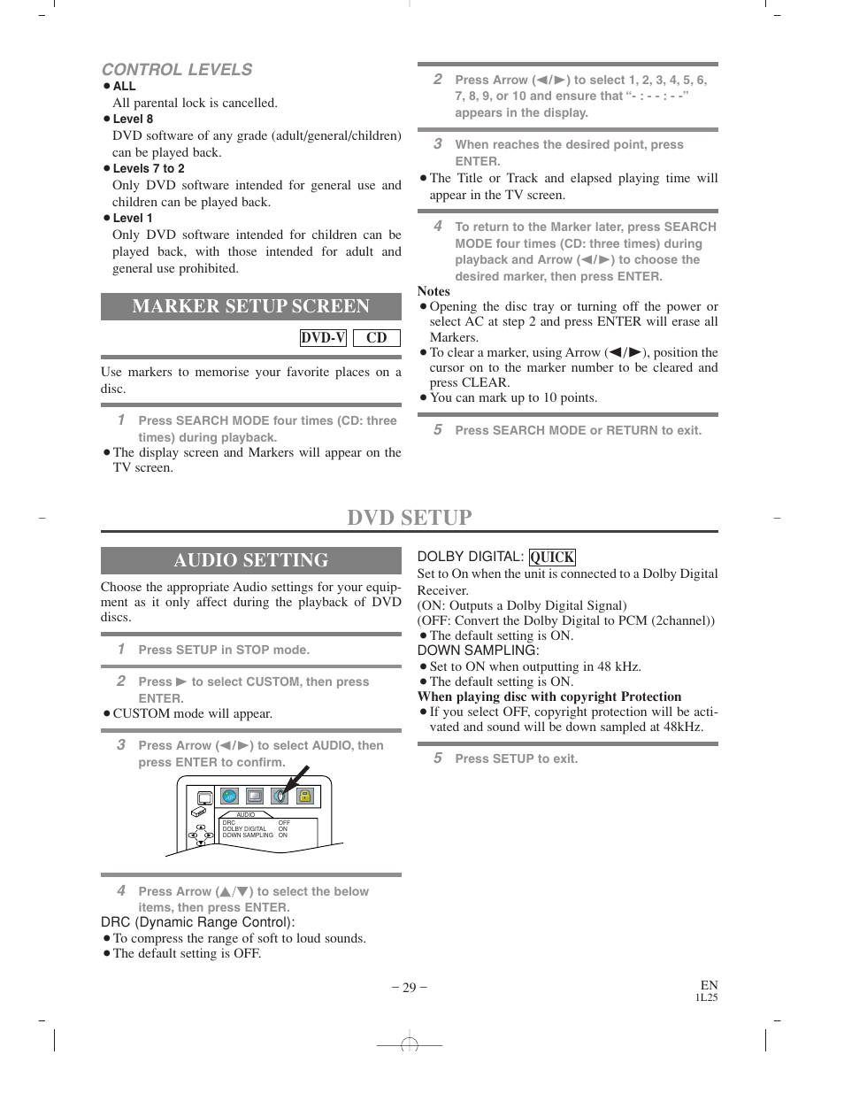 Dvd setup, Marker setup screen, Audio setting | Sylvania CDVC800D User Manual | Page 29 / 36