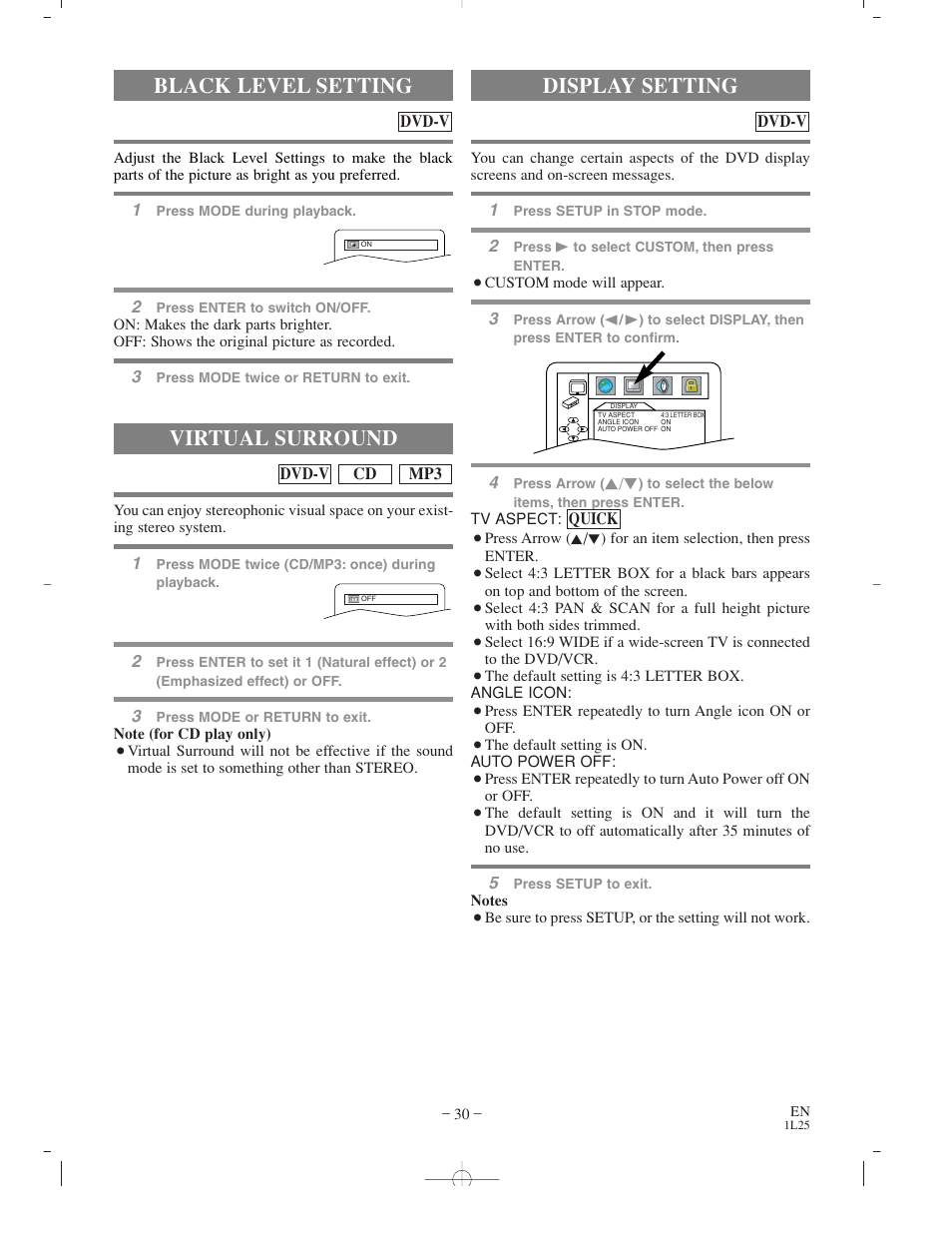 Black level setting, Virtual surround, Display setting | Sylvania CDVC800D User Manual | Page 30 / 36