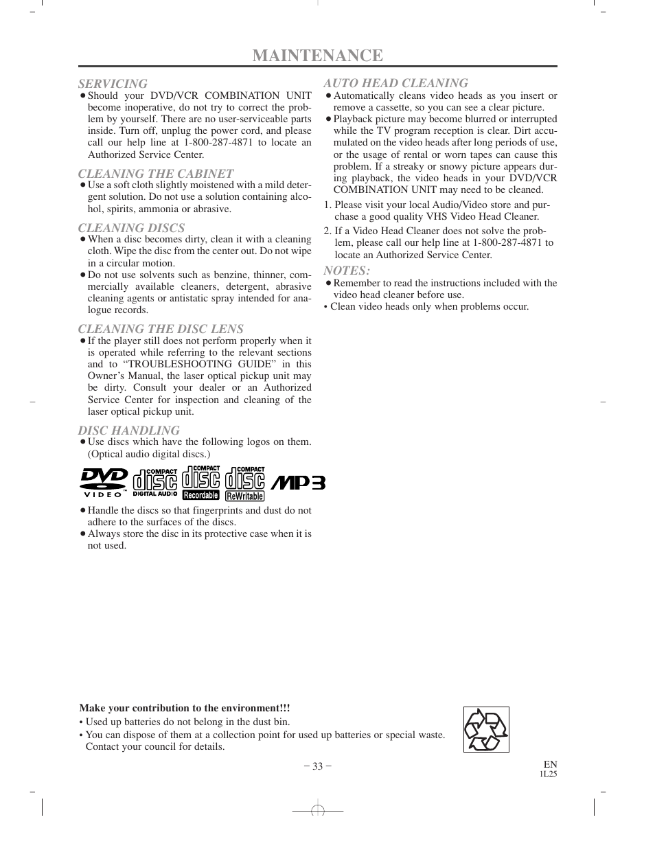 Maintenance | Sylvania CDVC800D User Manual | Page 33 / 36