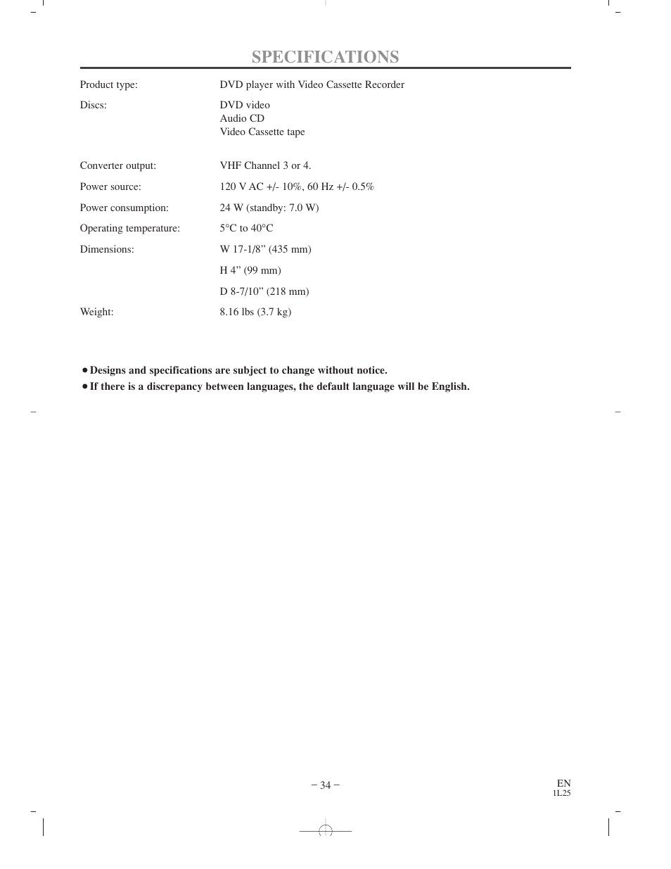 Specifications | Sylvania CDVC800D User Manual | Page 34 / 36