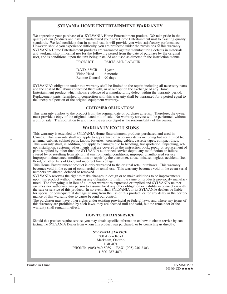 Sylvania CDVC800D User Manual | Page 36 / 36