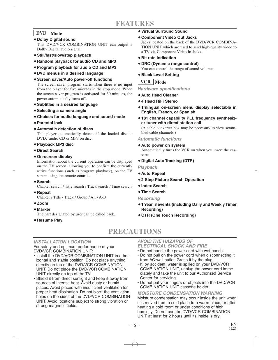 Features, Precautions | Sylvania CDVC800D User Manual | Page 6 / 36