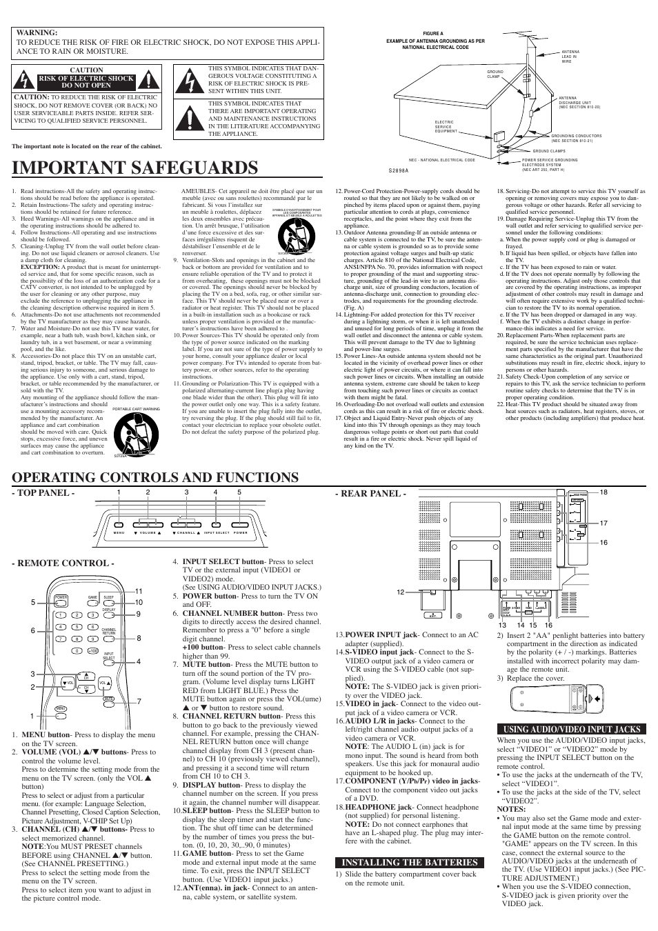 Important safeguards, Operating controls and functions, Rear panel | Installing the batteries, Remote control, Using audio/video input jacks, Top panel | Sylvania 6615VD User Manual | Page 2 / 8