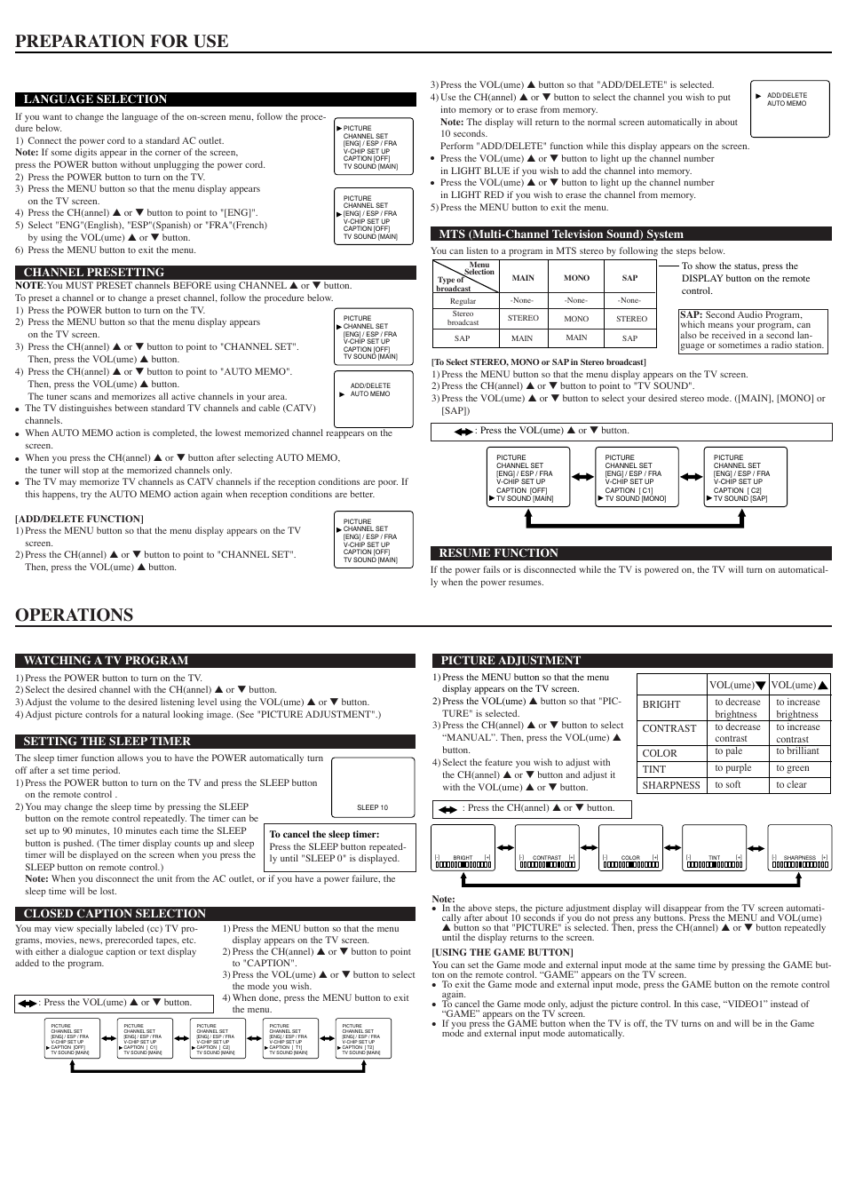 Preparation for use, Operations | Sylvania 6615VD User Manual | Page 3 / 8