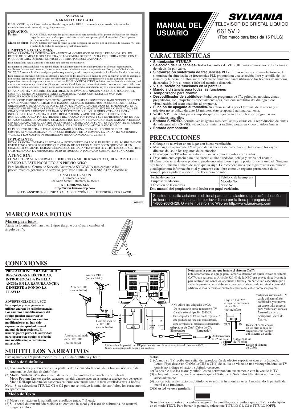 Manual del usuario, Conexiones, 6615vd | Marco para fotos, Características, Precauciones, Subtitulos narrativos, Televisor de cristal liquido | Sylvania 6615VD User Manual | Page 5 / 8