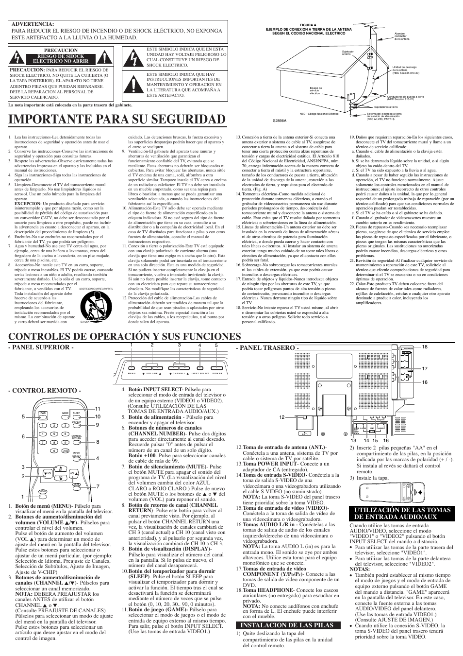 Importante para su seguridad, Controles de operación y sus funciones, Panel trasero | Instalacion de las pilas, Control remoto, Panel superior, Utilización de las tomas de entrada audio/aux | Sylvania 6615VD User Manual | Page 6 / 8