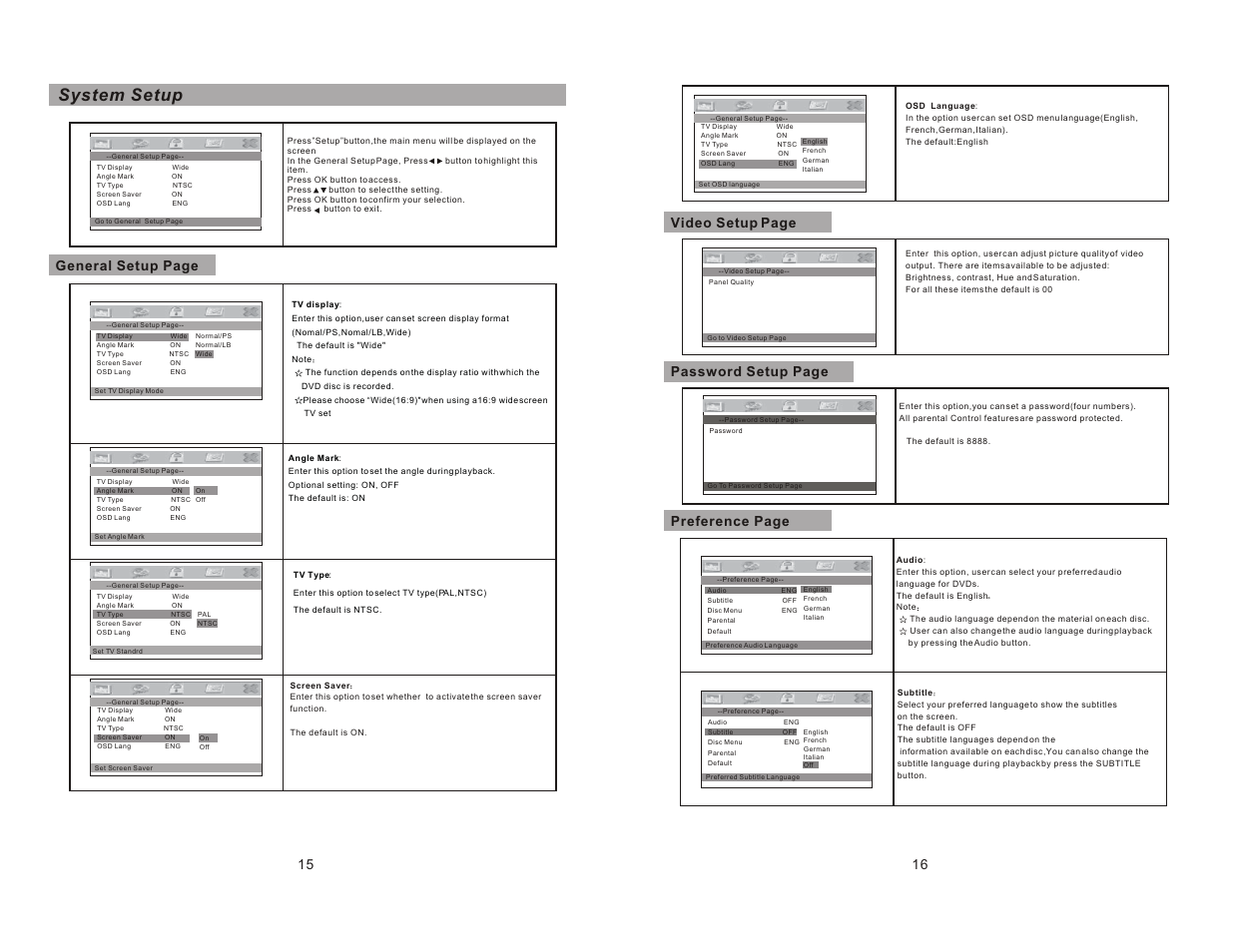 System setup, 15 general setup page, 16 password setup page | Video setup page preference page | Sylvania SDVD9004 User Manual | Page 10 / 12