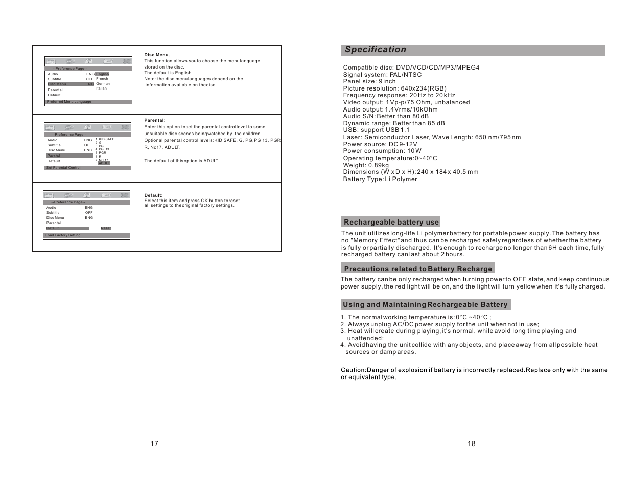 Specification | Sylvania SDVD9004 User Manual | Page 11 / 12