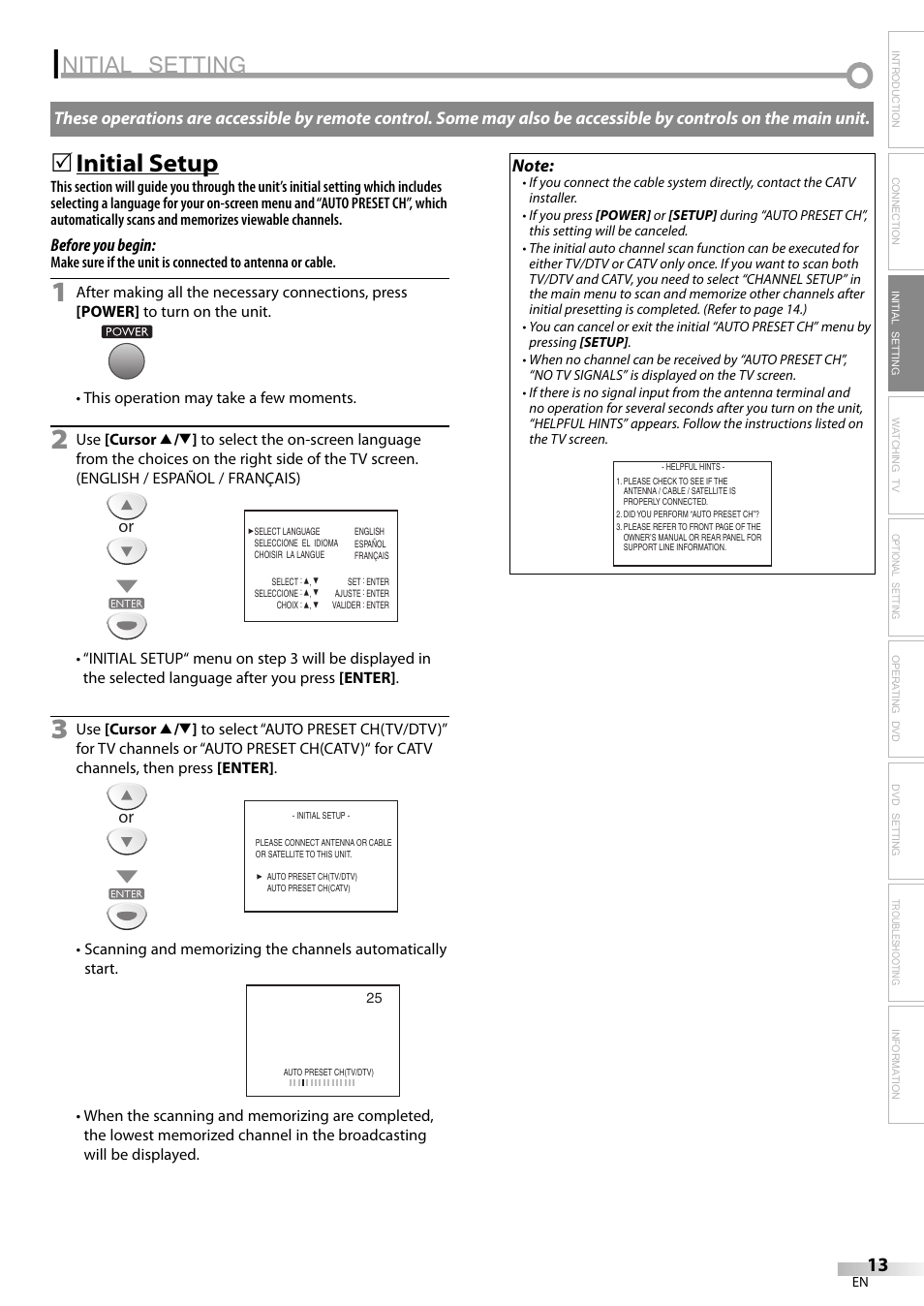 Nitial setting, Initial setup | Sylvania LD155SL8 User Manual | Page 13 / 48