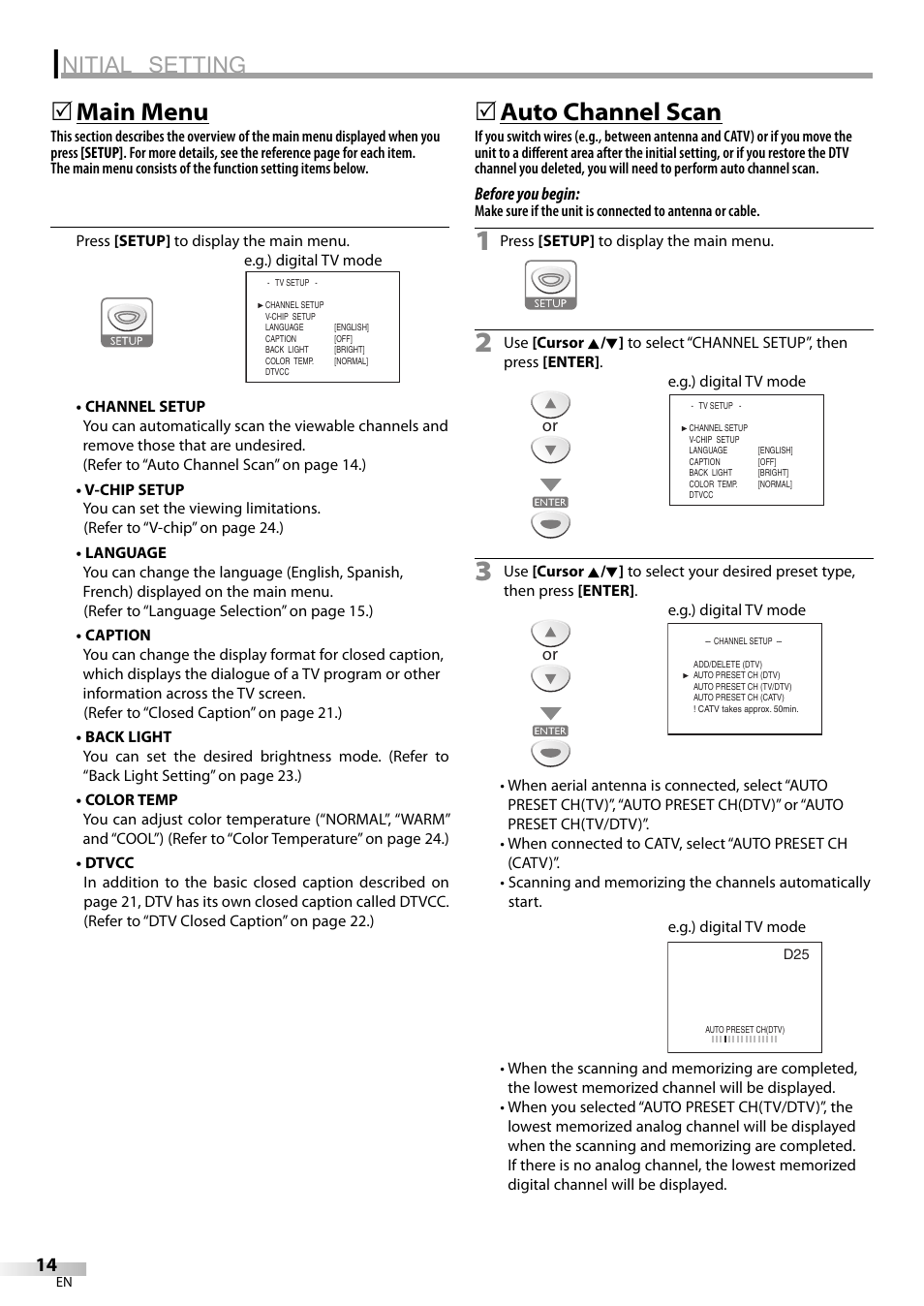 Nitial setting, Main menu, 5auto channel scan | Sylvania LD155SL8 User Manual | Page 14 / 48