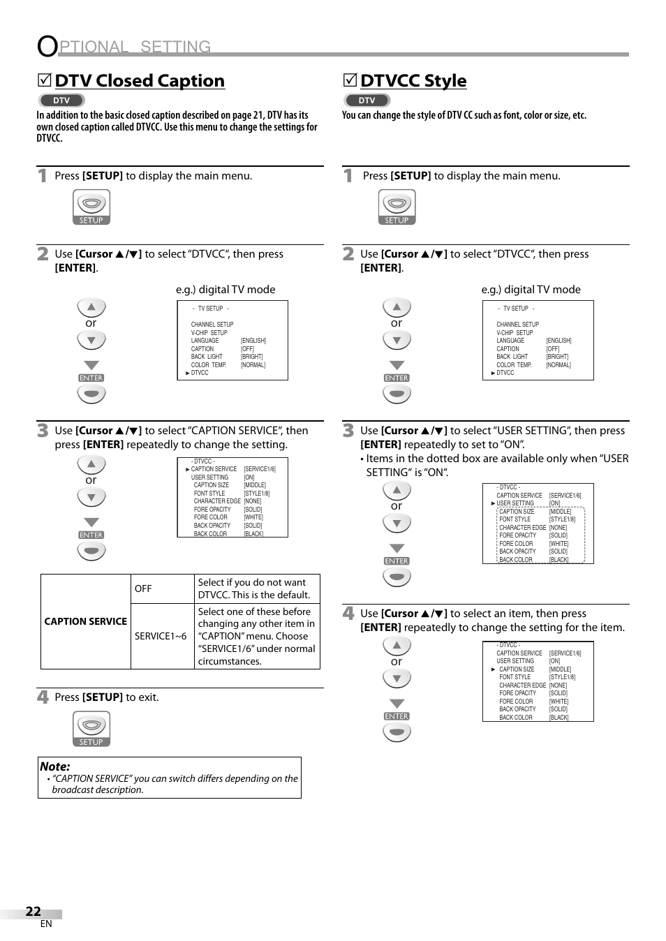 Ptional setting, Dtv closed caption, 5dtvcc style | Sylvania LD155SL8 User Manual | Page 22 / 48