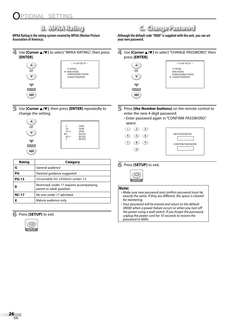 Ptional setting, B. mpaa rating, C. change password | Sylvania LD155SL8 User Manual | Page 26 / 48
