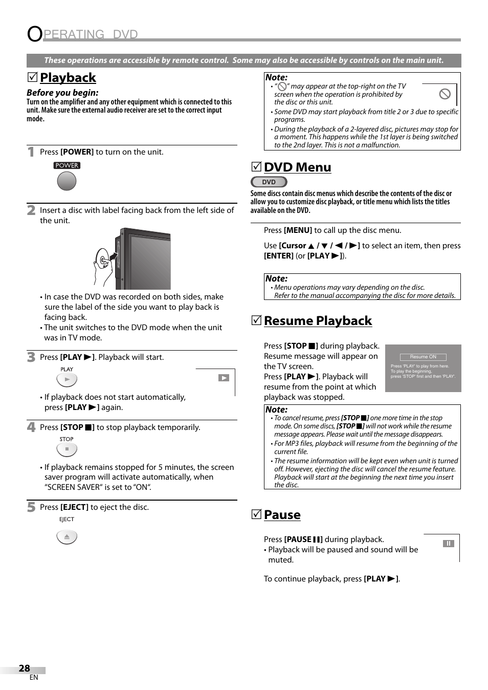 Perating dvd, Playback, Dvd menu | Resume playback, Pause | Sylvania LD155SL8 User Manual | Page 28 / 48